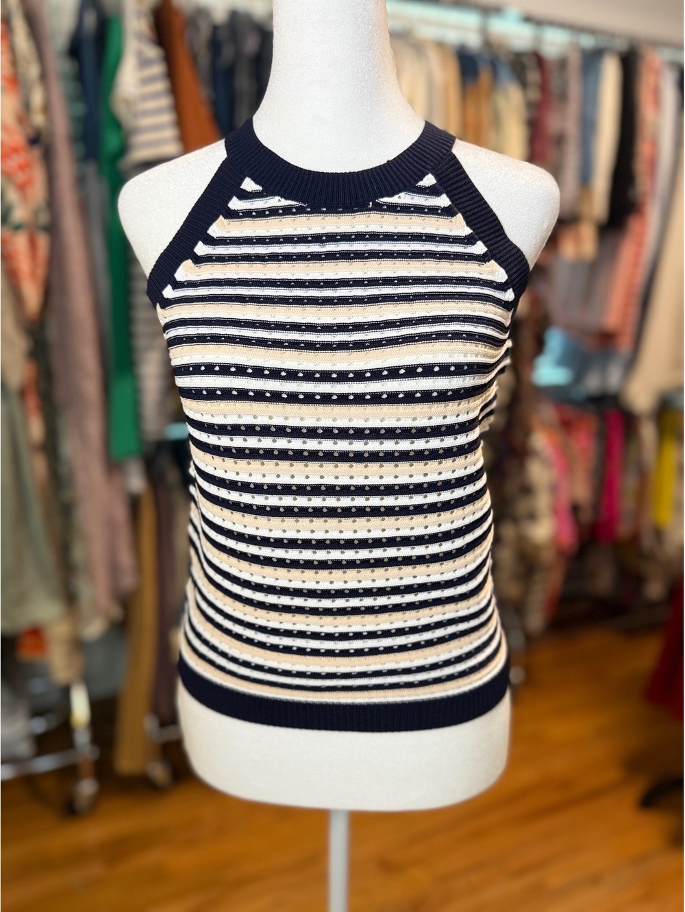 CURRENT AIR Striped Pointelle Knit Halter Tank Top Navy Cream NWT Small